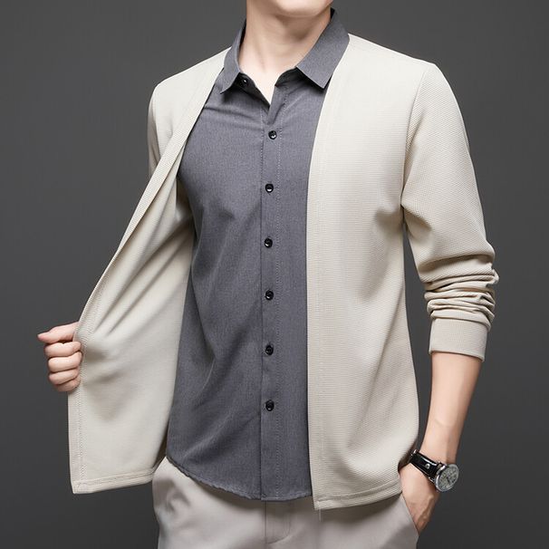 Live New Single-Sided Two-Piece Shirt Cardigan Casual Business Knitted Sweater Coat Men's Clothing_viptrois.com