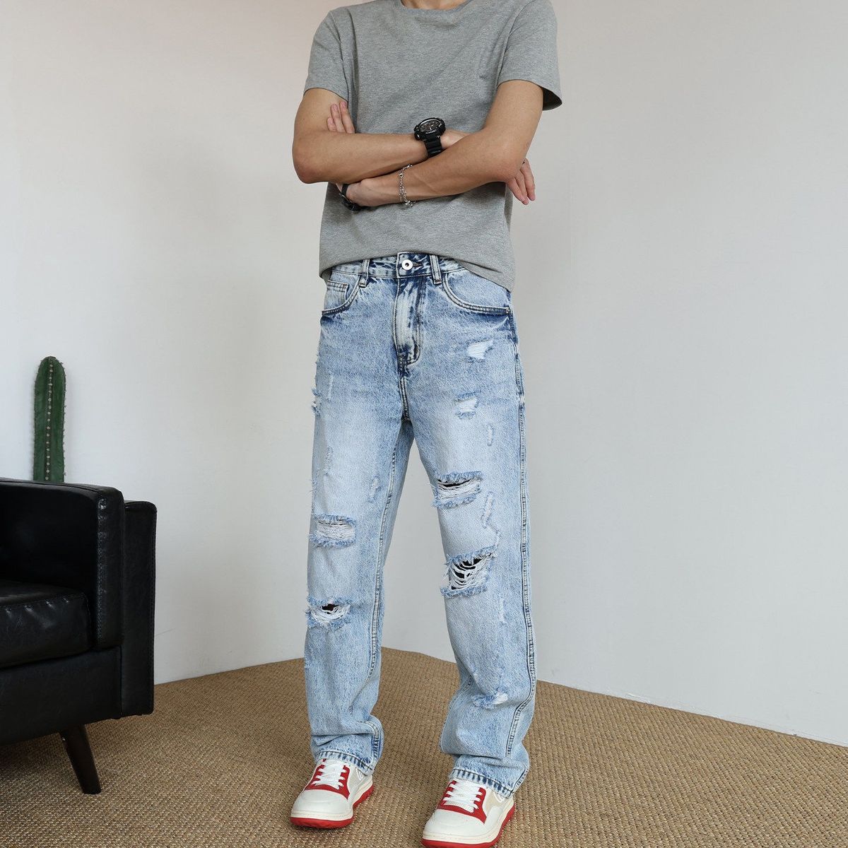 Men's Street Style Casual Ripped Straight Leg Jeans Loose Fitting Distressed Pants American Style Spring Summer_viptrois.com