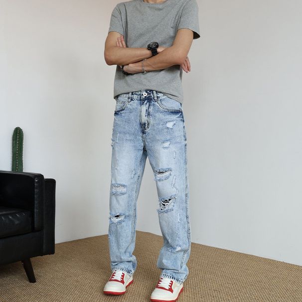 Men's Street Style Casual Ripped Straight Leg Jeans Loose Fitting Distressed Pants American Style Spring Summer_viptrois.com