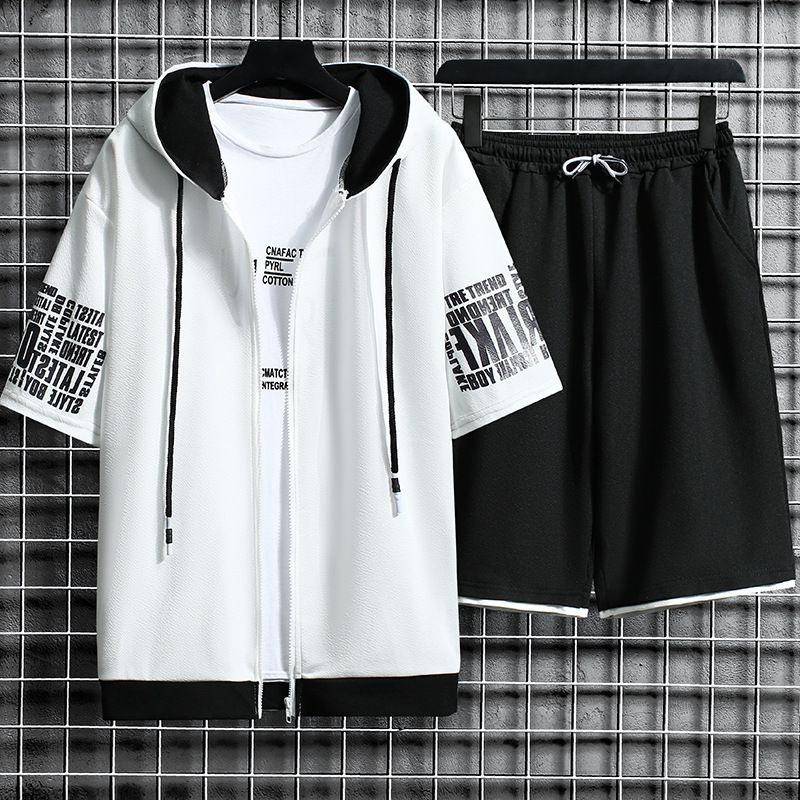 Men's Clothing Spring And Summer Cardigan Sweater Suit Youth Hooded Casual Sportswear Two Piece Set_viptrois.com