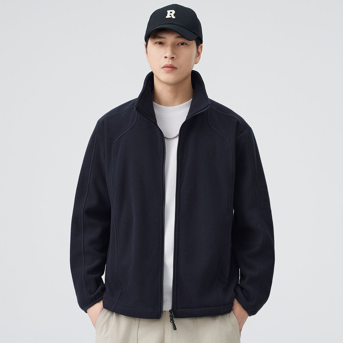 Men's Premium Stand Collar Zip-Up Jacket - Lightweight Casual Outerwear For Spring & Autumn - Slim Fit Polyester Coat In Dark Grey, Army Green_viptrois.com
