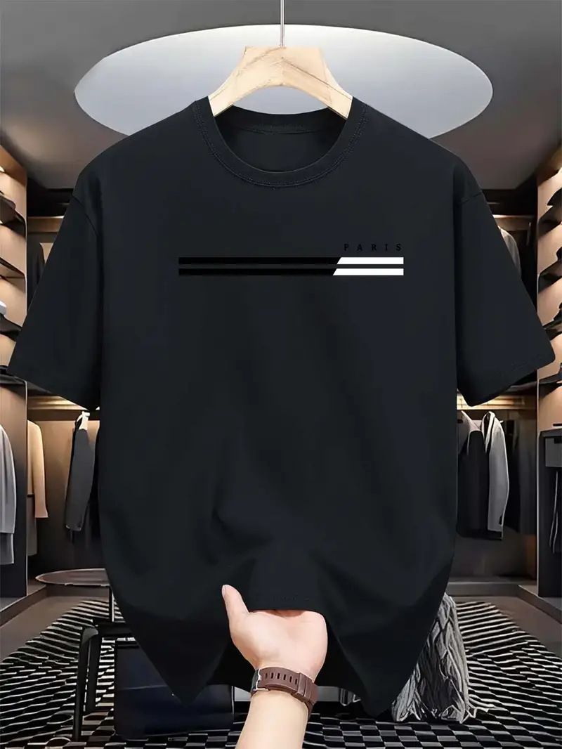 Men's Clothing Fashion New Cotton Men's Summer Loose Versatile Short Sleeved T Shirt Tops Paris Letter Print_viptrois.com