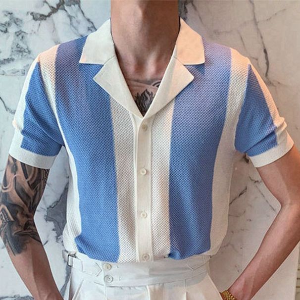Same Style Japanese And Korean New Men's Summer Temperament Collar Knitted Sweater Spliced Color Blocking Business Polo_viptrois.com
