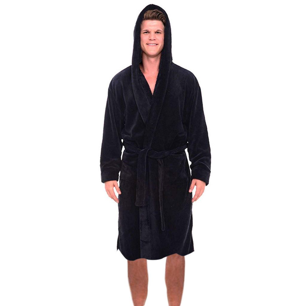 Men's Clothing Large Size Thickened Hooded Patch Pocket Short Winter Long Sleeve Nightgown_viptrois.com