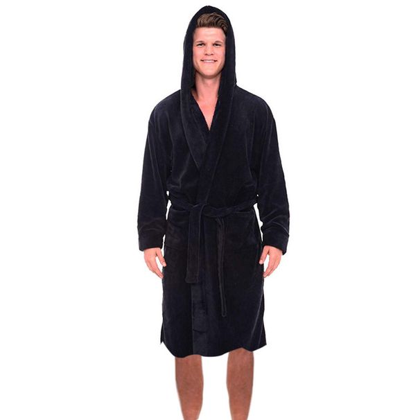 Men's Clothing Large Size Thickened Hooded Patch Pocket Short Winter Long Sleeve Nightgown_viptrois.com