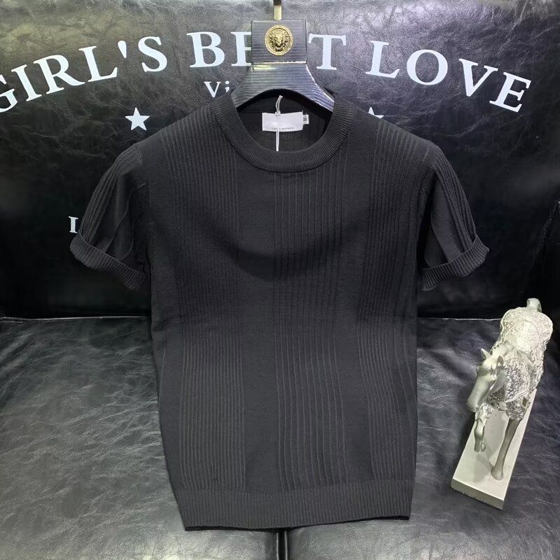Men's Summer Knitted T-Shirt Striped round Neck Short Sleeve Solid Color Ice Silk Old Fashioned Style Cross Border Factory Wholesale_viptrois.com
