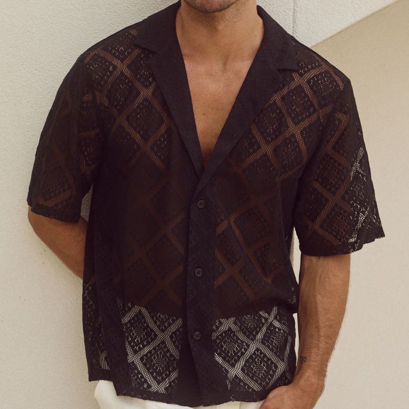 Men's Clothing Summer Cool Shirt Men's Casual Knitted Sweater Hollow Breathable Short Sleeved Lapel Fashion Men_viptrois.com