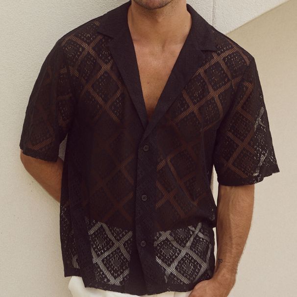 Men's Clothing Summer Cool Shirt Men's Casual Knitted Sweater Hollow Breathable Short Sleeved Lapel Fashion Men_viptrois.com