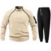 Men's Stand Collar Fleece Tracksuit Set - Soft Coral Fleece Zip-Up Jacket & Joggers For Casual & Streetwear (White, Blue, Gray, Olive, Black)_viptrois.com