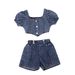 Baby Clothing Children's dress Girls' summer ribbed collar lantern sleeve top floral design multi-button denim suit_viptrois.com