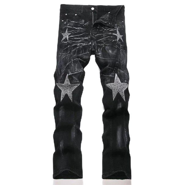 Men's Ripped, Embroidered, Patched Straight Leg Jeans, Korean Style, Trendy Slim Fit, Embroidered Distressed Trousers_viptrois.com