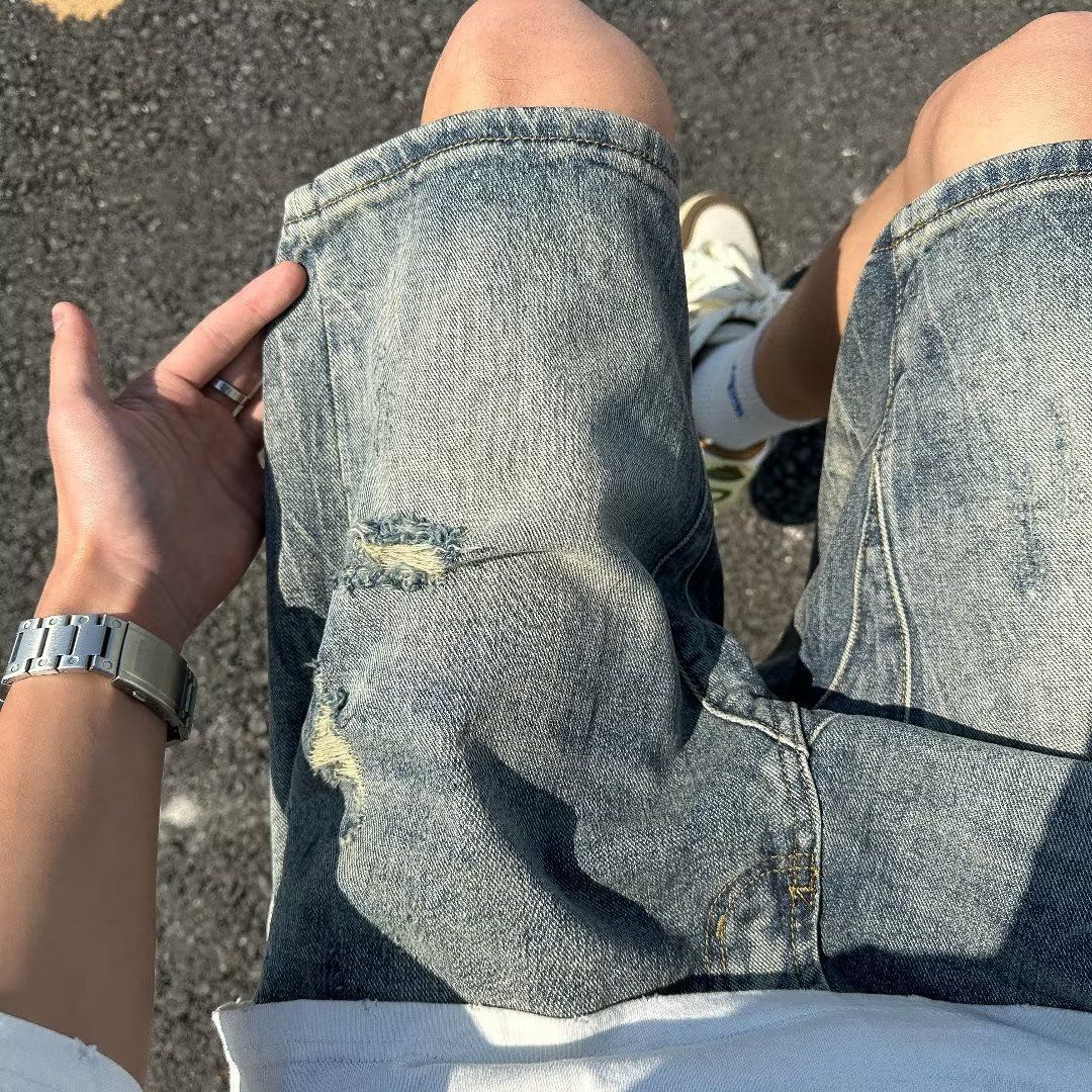 Men's Clothing Summer Thin Ripped Denim Shorts Men's Vibe Retro Loose Mid-length Pants Trendy Street All-match Shorts_viptrois.com