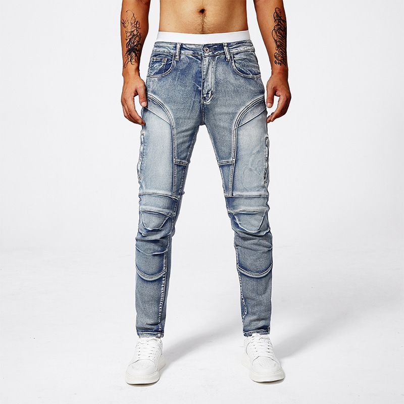Men's Fashion Jeans Blue Distressed Denim Pants With Patchwork Details Advanced Gray Wash Casual Trousers_viptrois.com