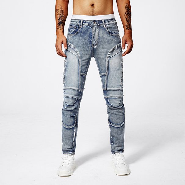 Men's Fashion Jeans Blue Distressed Denim Pants With Patchwork Details Advanced Gray Wash Casual Trousers_viptrois.com