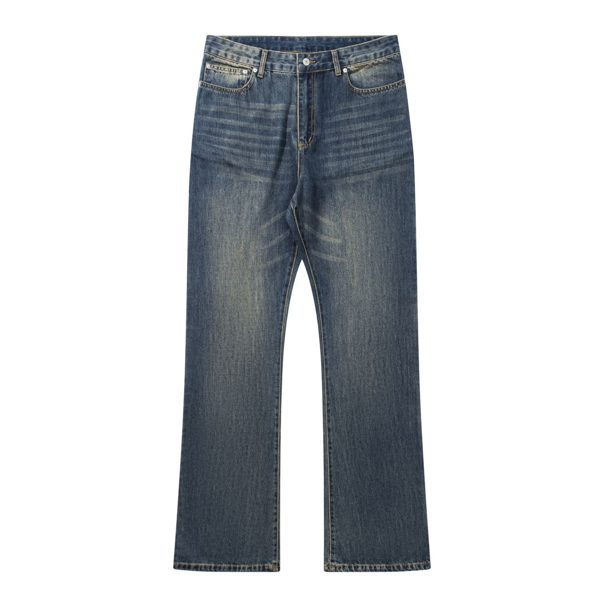 Men's Clothing Fashion Week Bamboo Cotton Washed Vintage Distressed Bootcut Straight Flared Denim Pants_viptrois.com