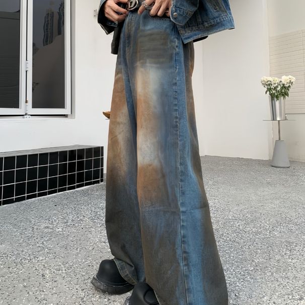 Men's Clothing Niche Retro Wasteland Destruction Denim Jacket Men And Women Heavy Mixed Color Distressed Jacket Jeans Suit Trend_viptrois.com