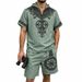 Men's Bamboo Linen Summer Suit Viking Style Printed Hooded Casual Top Shorts Summer Wear_viptrois.com