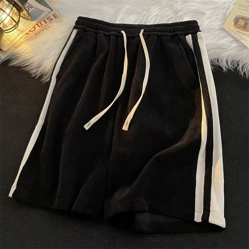 Men's Corduroy Shorts Style Side Stripe Color Blocking Webbing Drawstring Elastic Waist Casual Five Point Length_viptrois.com