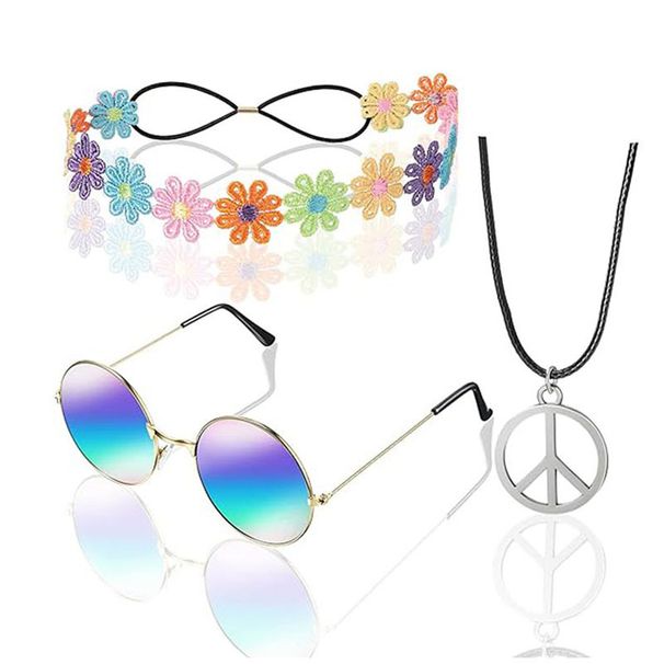 Halloween hippie band party peace stainless steel chain sunglasses and wreath 3-piece set_viptrois.com