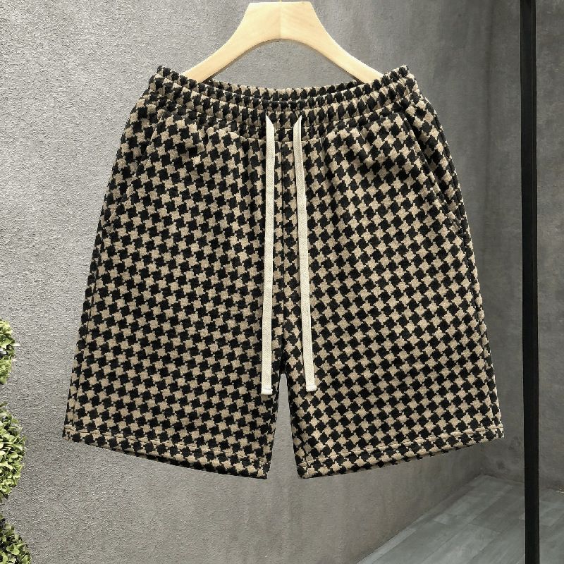 Houndstooth High-Waist Shorts For Men And Women Trendy Casual Retro Five-Point Loose Fit Beachwear Outerwear Summer Fashion_viptrois.com