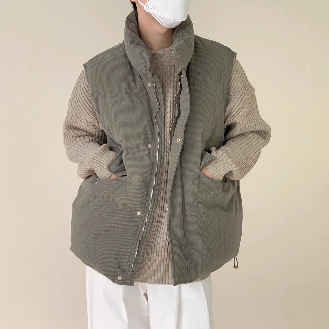 Men's Clothing Waffle Corduroy Cotton Vest Men's Winter Thickened Stand Collar Cotton Vest Jacket Atmosphere Casual Layered Top_viptrois.com
