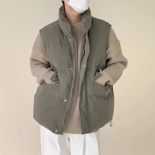 Men's Clothing Waffle Corduroy Cotton Vest Men's Winter Thickened Stand Collar Cotton Vest Jacket Atmosphere Casual Layered Top_viptrois.com