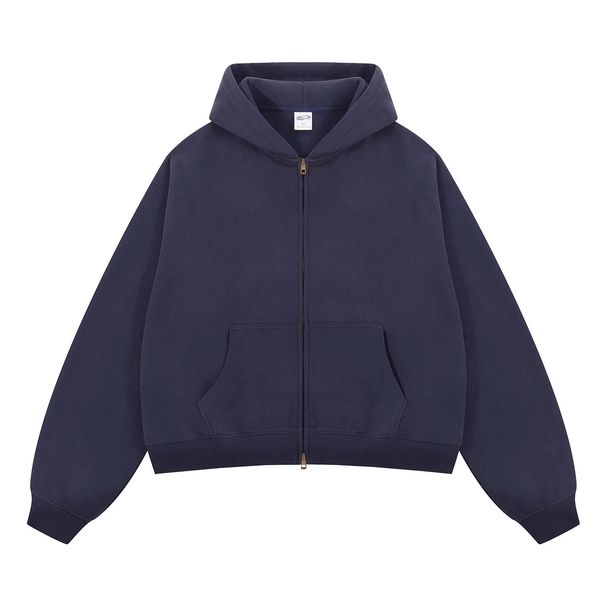 Men's Clothing Boxy Fleece-Lined Zip Hoodie – Unisex Oversized Cropped Jacket, Double-Zip Design, 370g Cotton Blend, Retro Streetwear_viptrois.com