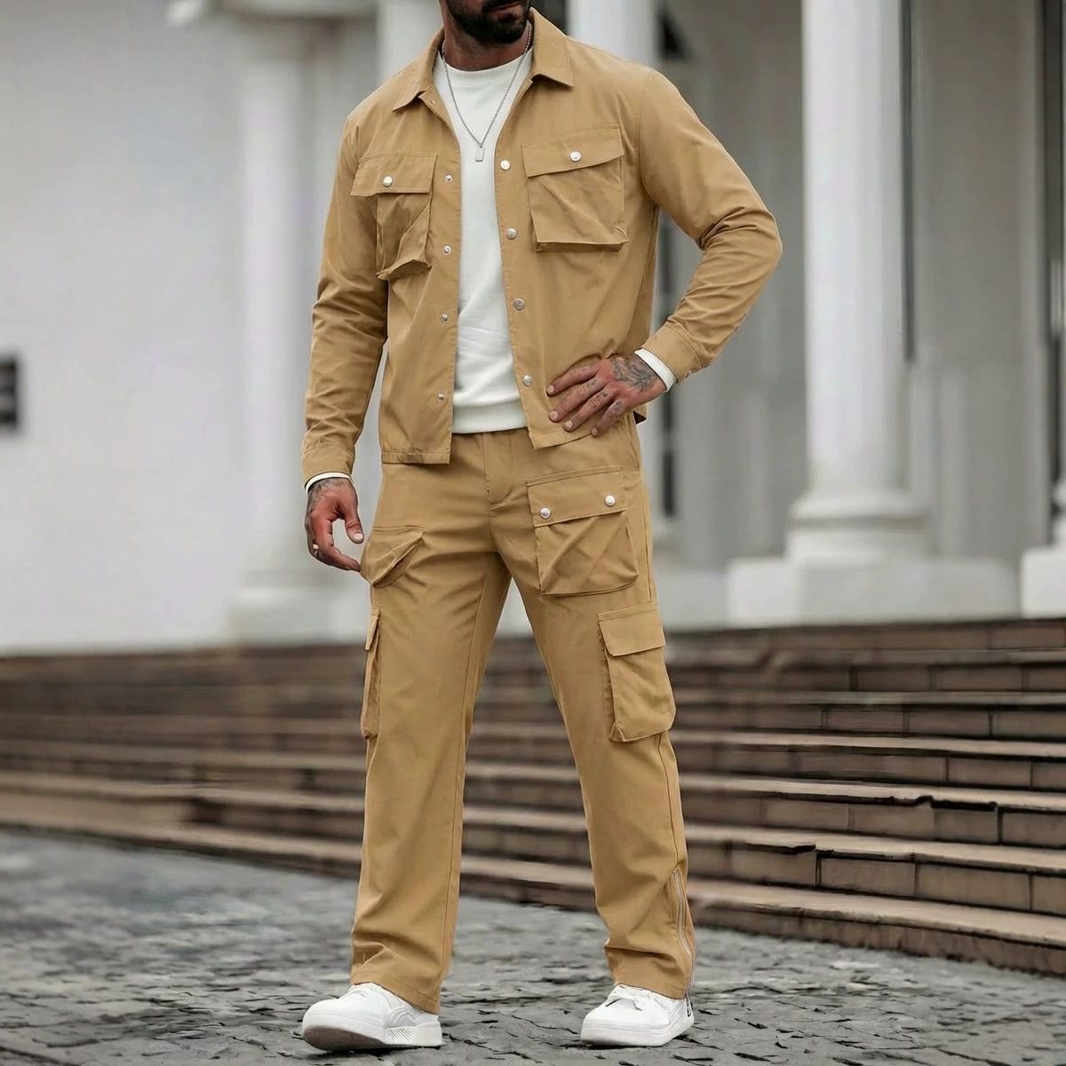 Men's Casual Fashion Jacket & Pants Set - Slim Fit Workwear Two-Piece Outfit For Streetwear & Daily Wear (Black, Khaki, Navy)_viptrois.com