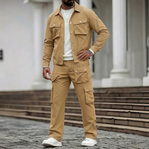 Men's Casual Fashion Jacket & Pants Set - Slim Fit Workwear Two-Piece Outfit For Streetwear & Daily Wear (Black, Khaki, Navy)_viptrois.com