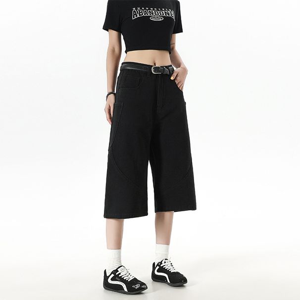 American Retro Straight-leg Large-pocket Cropped Jeans With Curved Patchwork, Trendy Brand, Cool And Loose Wide-leg_viptrois.com