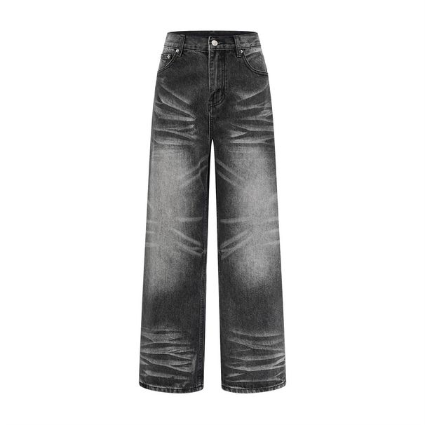 Color-Block Washed Denim Straight-Leg Men's High Street Water Ripple Distressed Loose Casual Pants_viptrois.com