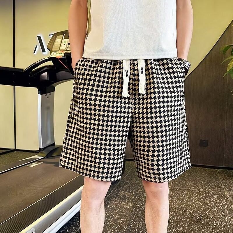 Men's Summer Thin Printed Houndstooth Casual High Street Loose Straight Leg Five Point Pants Short_viptrois.com