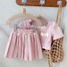 Kids Clothing Girls Clothing Small Bowknot Short Sleeves Plus Pleated Skirt Two Piece Set_viptrois.com