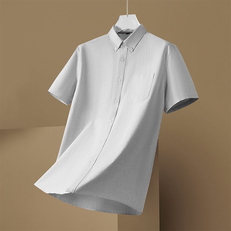 Men's Clothing Plus Size Summer Short Sleeved Shirt Fat Guy Loose Casual Oxford Cotton Striped Pointed Collar Shirt_viptrois.com