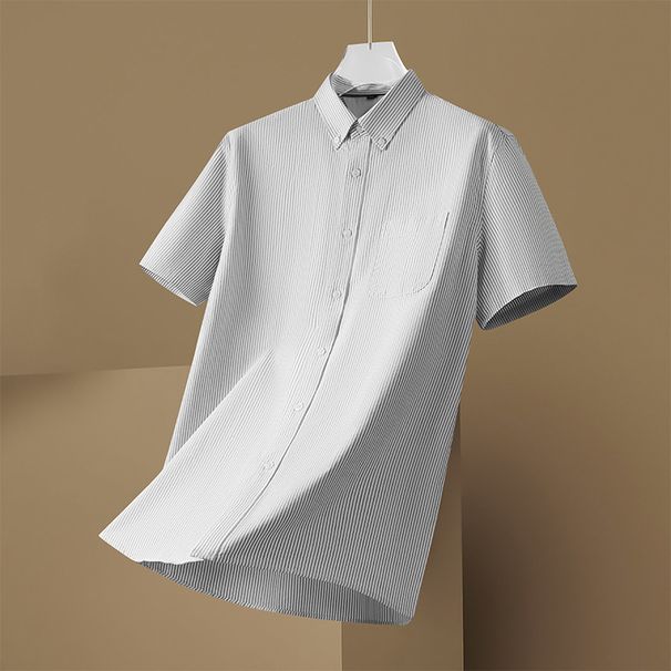 Men's Clothing Plus Size Summer Short Sleeved Shirt Fat Guy Loose Casual Oxford Cotton Striped Pointed Collar Shirt_viptrois.com