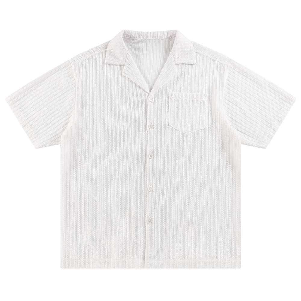 Men's Clothing Men's Trendy High Street Solid Color Jacquard Vertical Stripes Casual Shirt Summer Cuban Collar Top_viptrois.com