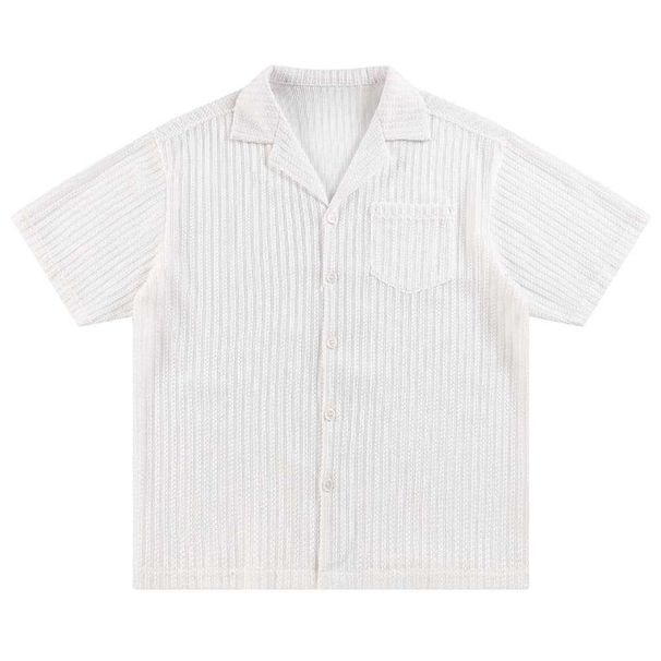 Men's Clothing Men's Trendy High Street Solid Color Jacquard Vertical Stripes Casual Shirt Summer Cuban Collar Top_viptrois.com
