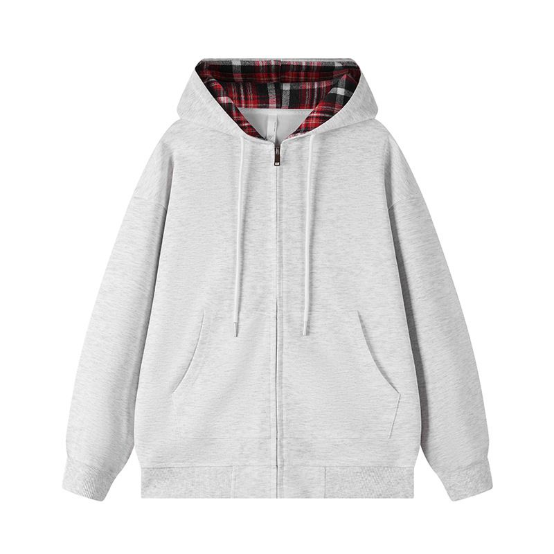 Varsity Plaid Zip-Up Hoodie – Oversized Unisex Jacket With Contrast Panels & Retro College Aesthetic (S-XXXL, Drop Shoulder)_viptrois.com