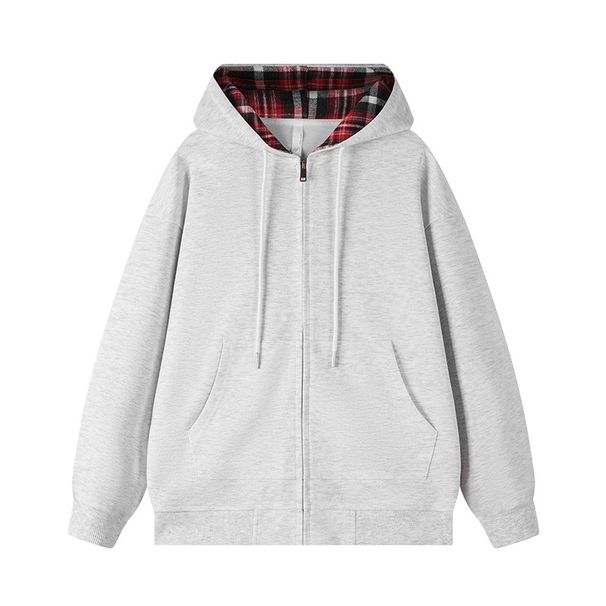 Varsity Plaid Zip-Up Hoodie – Oversized Unisex Jacket With Contrast Panels & Retro College Aesthetic (S-XXXL, Drop Shoulder)_viptrois.com