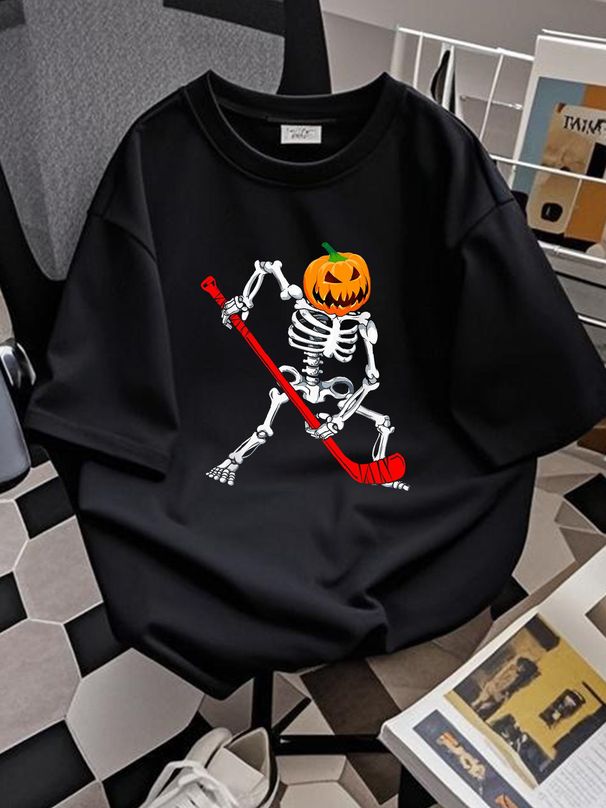 Skeleton Hockey Halloween Pumpkin T-Shirt Comfortable Top For Everyday Wear Fashion Slightly Stylish Versatile Women Designer Clothes Women Top Graphic Tees Female Unisex T-Shirt For Women Casual Summer Soft Streetwear Graphic Casual Stretched_viptrois.com