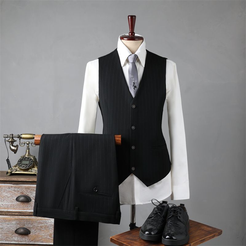 Men's Slim Fit Wedding Suit Set – Single-Button Notch Lapel Blazer With Pinstripes, Groom & Groomsmen Formal Attire (Black/Mist Gray Stripe)_viptrois.com