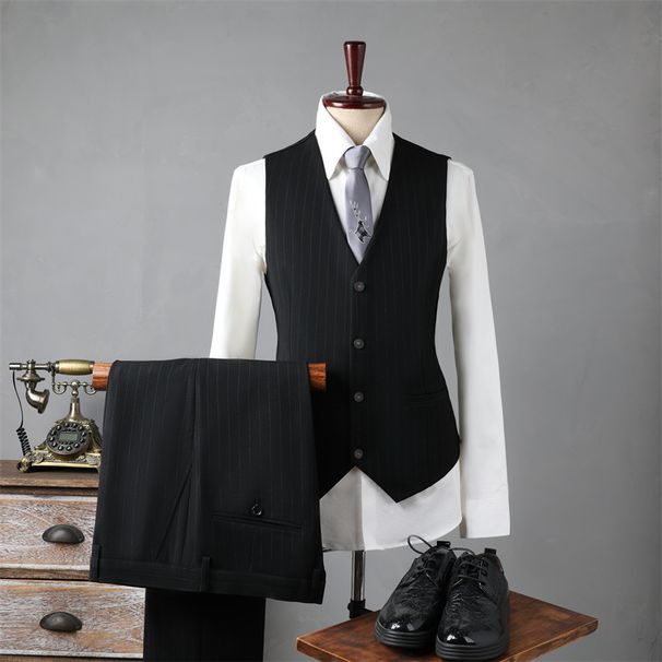 Men's Slim Fit Wedding Suit Set – Single-Button Notch Lapel Blazer With Pinstripes, Groom & Groomsmen Formal Attire (Black/Mist Gray Stripe)_viptrois.com