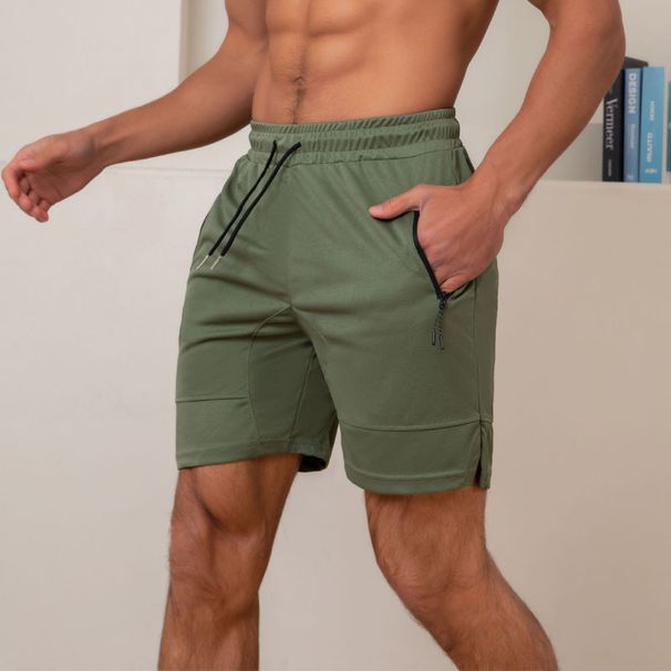 Zipper Pocket Sports Casual Shorts For Men, Summer Quick Drying Breathable Running Solid Color Beach Pants_viptrois.com