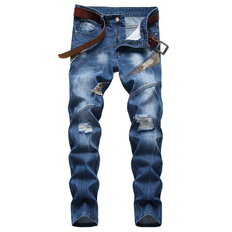 Men's Distressed Jeans Cross Border Supply Personalized Camouflage Patchwork Trendy American Jeans_viptrois.com