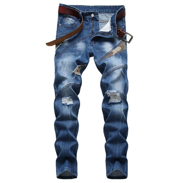 Men's Distressed Jeans Cross Border Supply Personalized Camouflage Patchwork Trendy American Jeans_viptrois.com