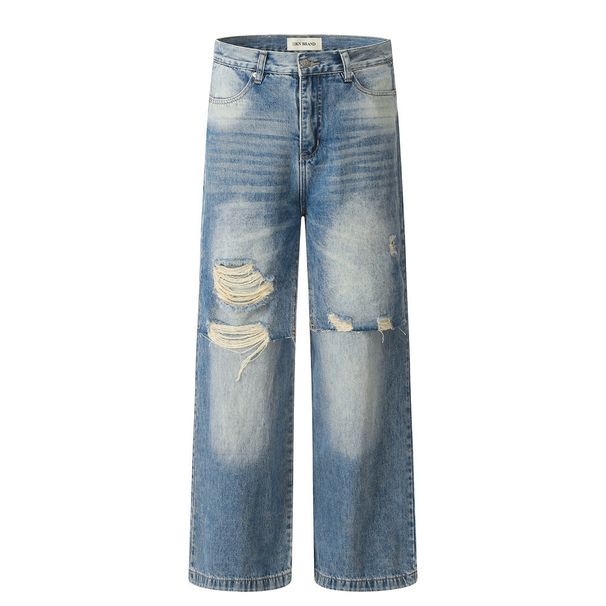 Men's Ripped Jeans Trendy Punk Vintage Washed Frayed Edge Patchwork Design Personality Loose Straight Long Pants_viptrois.com