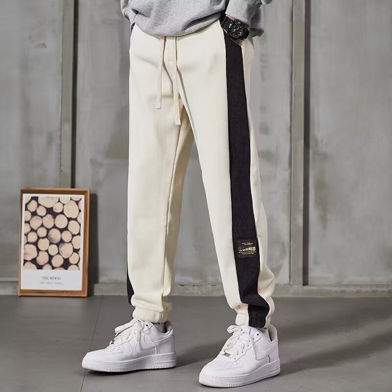 Men's Velvet Sweatpants Loose Fit Casual Autumn Winter Fashion Waffle Patterned Grey Color Bottoms_viptrois.com
