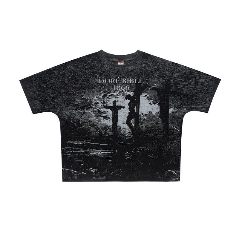 American Vintage Cross-print Washed Distressed Loose One-piece Cut Short-sleeve T-shirt_viptrois.com
