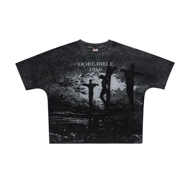 American Vintage Cross-print Washed Distressed Loose One-piece Cut Short-sleeve T-shirt_viptrois.com
