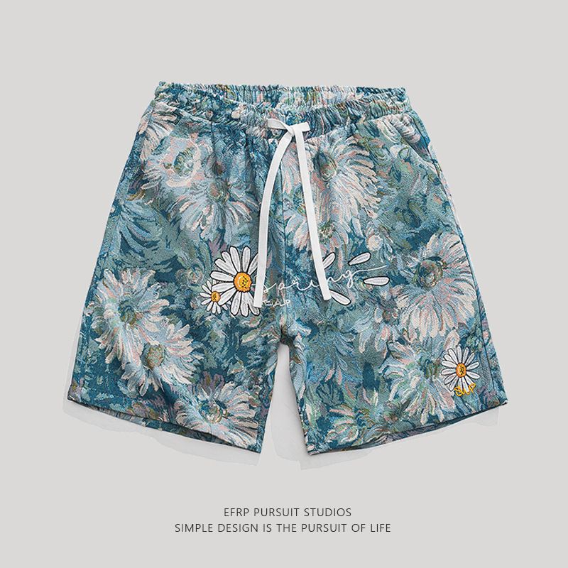 Men's Ice Silk Air Conditioning Printed Sports Shorts Slim Straight Leg Mid Length Trendy Floral Pattern Summer Pants_viptrois.com
